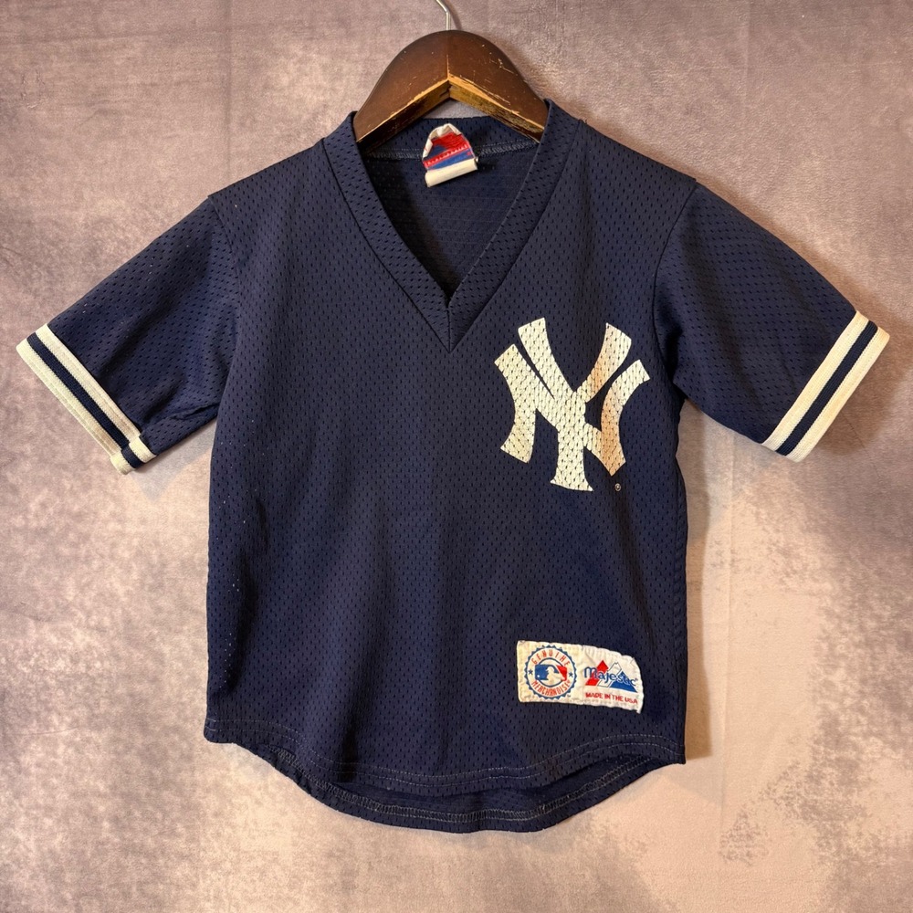 Vintage Majestic New York Yankees Jersey Navy Blue Mesh V-Neck Kids Small USA